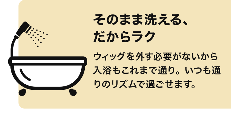 そのまま洗える、だからラク ウィッグを外す必要がないから入浴もこれまで通り。いつも通りのリズムで過ごせます。